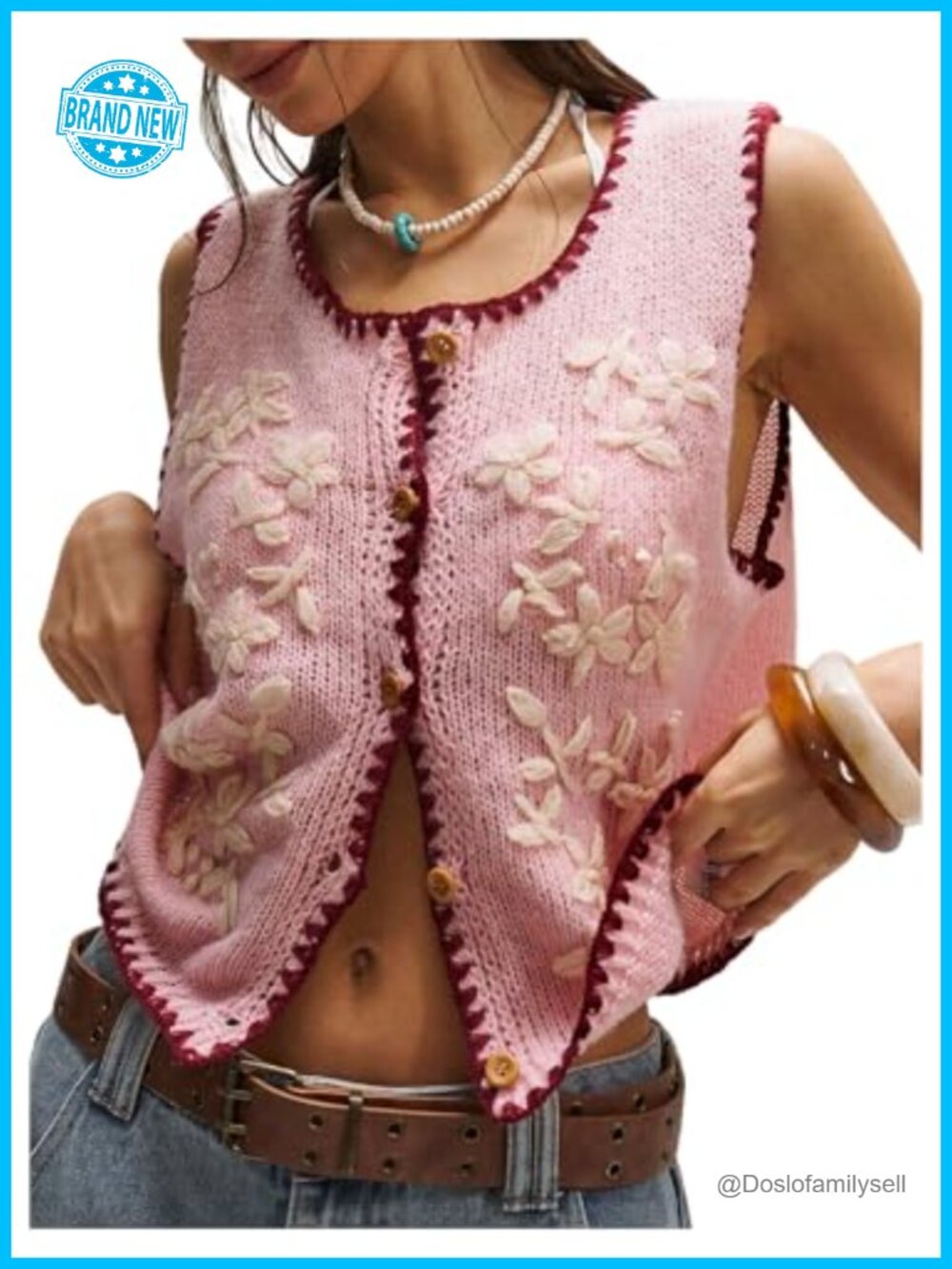 Boho Sweater Vest Floral Button Up Lightweight Knit Sleeveless Cardigan